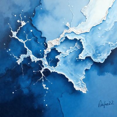 The primary subject of the image is a painting of a blue ocean with white clouds. The setting is a blue ocean with white clouds, and the visual style is a painting. The dominant colors are blue and white, creating a serene and calming atmosphere.